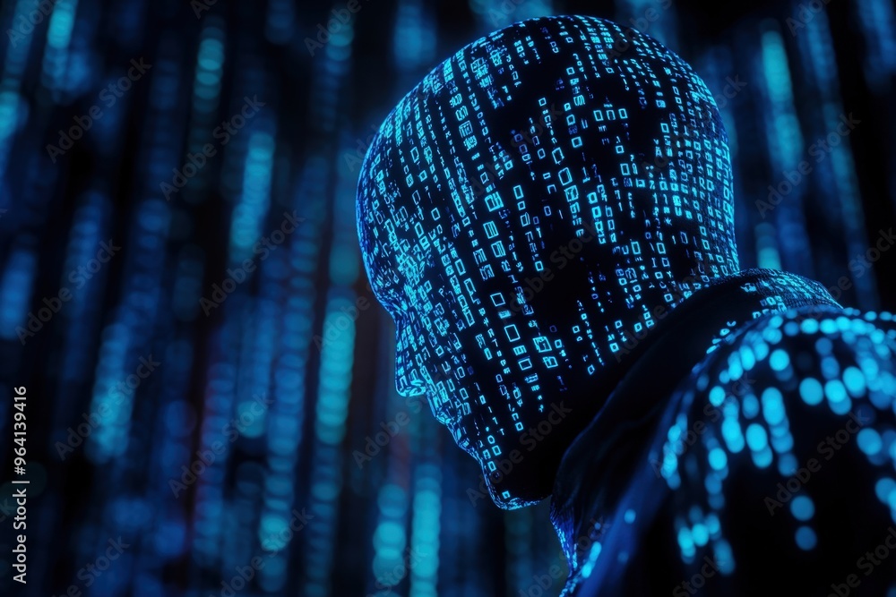 custom made wallpaper toronto digitalA futuristic blue digital hacker integrated with illuminated binary sequences, showcasing artificial intelligence in cybersecurity systems, including sophisticated threat detection