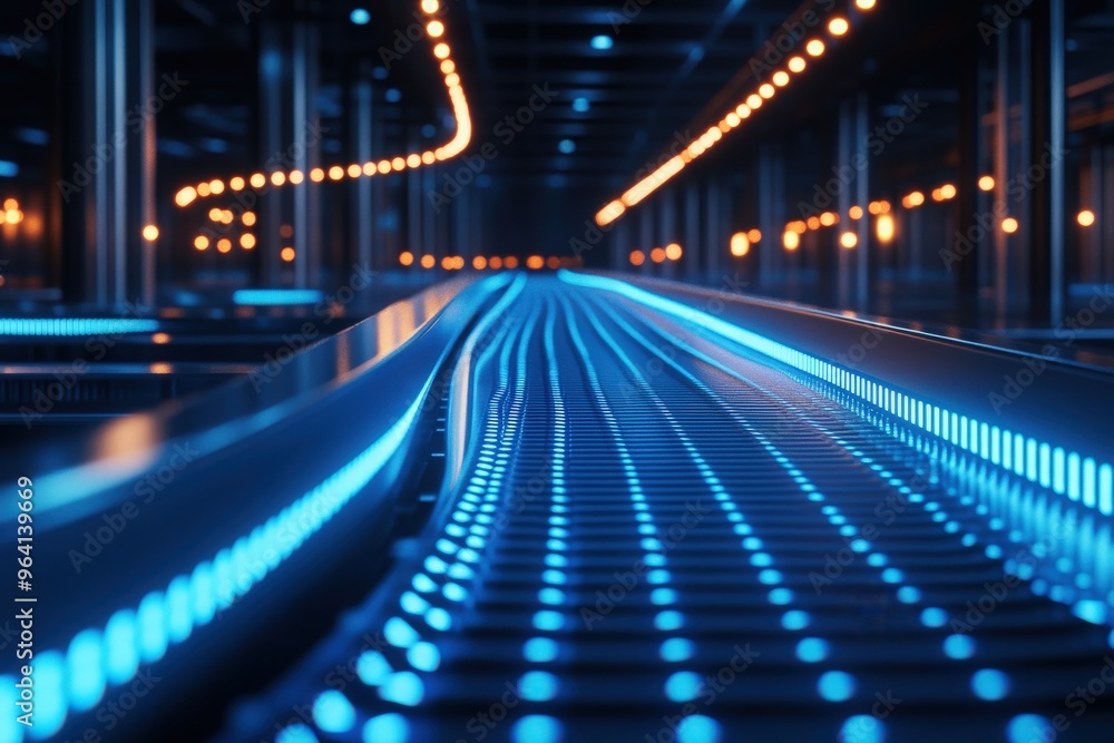 A futuristic blue smart conveyor belt with illuminated data streams, representing the advancement of artificial intelligence in warehouse logistics and inventory management A futuristic blue smart conveyor belt with illuminated data streams, representing the advancement of artificial intelligence in warehouse logistics and inventory management