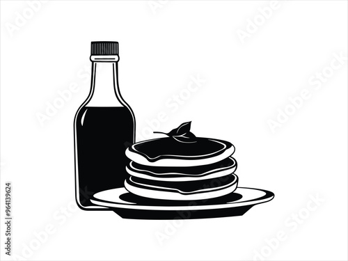 Silhouette Pancake Stack with Maple Syrup Bottle - Perfect Breakfast Illustration for National Pancake Day.