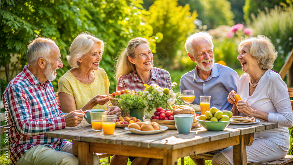 Cheerful senior group enjoying a picnic at a garden table with beautifully arranged food and flowers Cheerful senior group enjoying a picnic at a garden table with beautifully arranged food and flowers