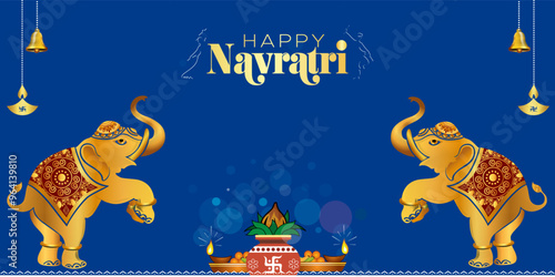 Navratri festive background with Kalash Sthapana and dandiya dance for Goddess Durga puja. Indian festival decoration theme celebration background and elephant design.