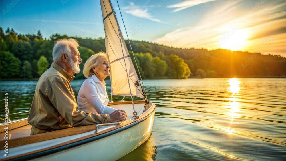 Fototapeta premium Elderly couple sailing on a lake at sunset, enjoying the beautiful scenery