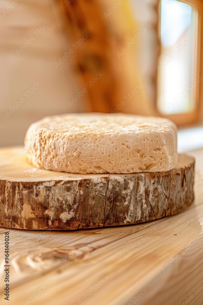 Artisan cheese on a wooden board in a sunlit kitchen highlights natural textures Artisan cheese on a wooden board in a sunlit kitchen highlights natural textures