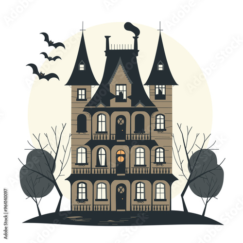 Spooky Halloween Haunted House Poster with bat and Creepy Moon Silhouette, white background.