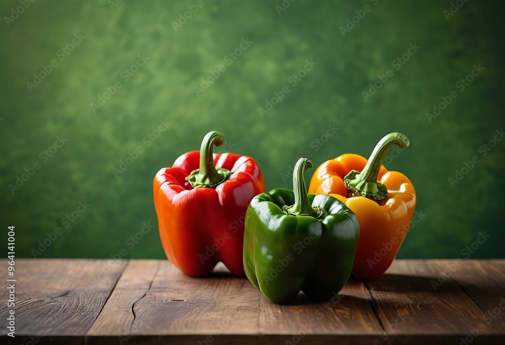 Red, Green, and Orange Bell Peppers on Rustic Wood with Textured Green Background Red, Green, and Orange Bell Peppers on Rustic Wood with Textured Green Background