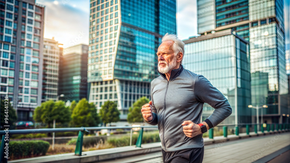 Active elderly man running in a cityscape with modern buildings during sunset Active elderly man running in a cityscape with modern buildings during sunset