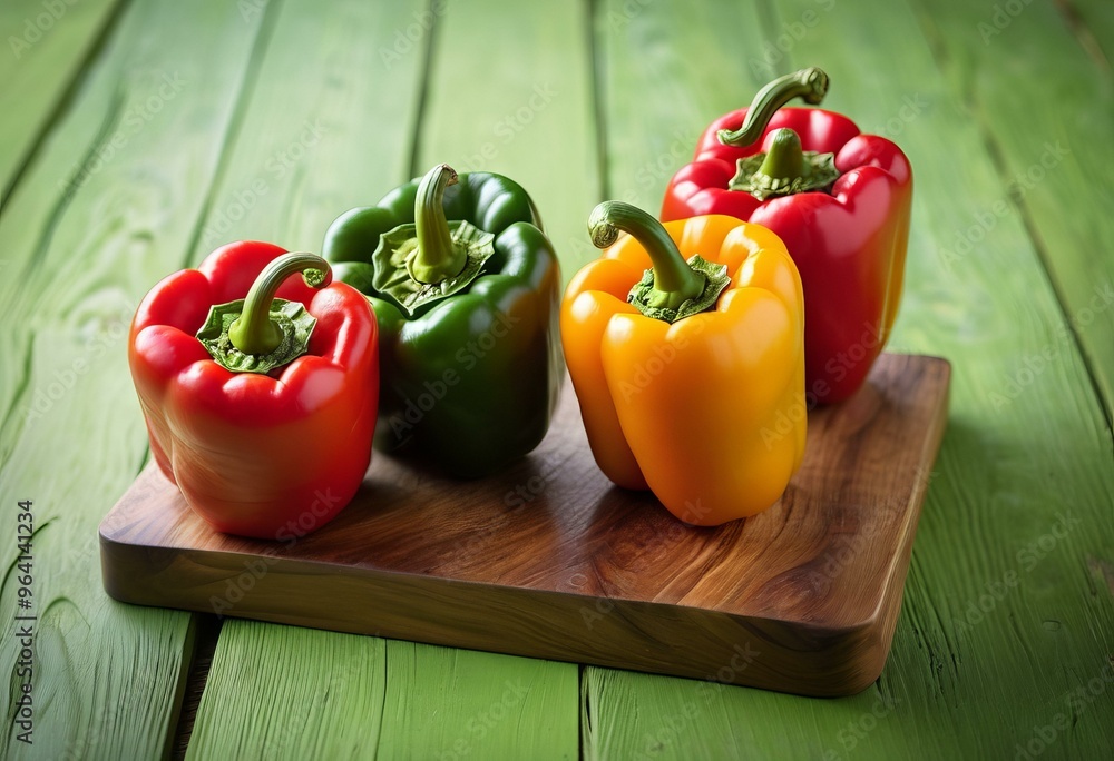 Red, Green, and Yellow Bell Peppers on Wooden Cutting Board with Green Wooden Background Red, Green, and Yellow Bell Peppers on Wooden Cutting Board with Green Wooden Background