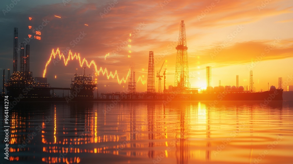 Crude oil trading scene with barrels, rising stock graph, and offshore rigs at sunset's golden hour Crude oil trading scene with barrels, rising stock graph, and offshore rigs at sunset's golden hour