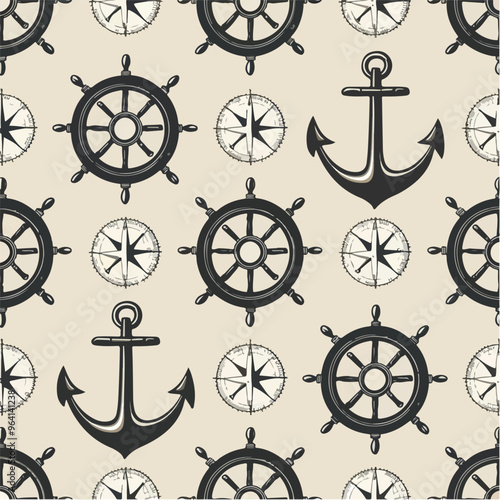 black ship steering wheels, anchors, and compasses on a white background.