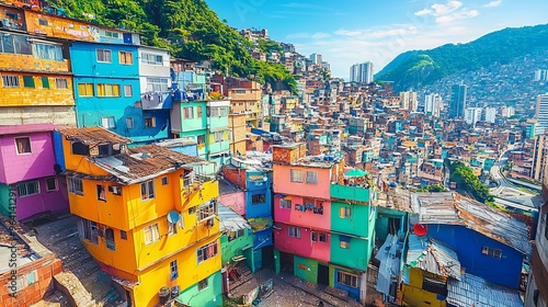 Colorful hillside houses in a densely populated urban area. photo