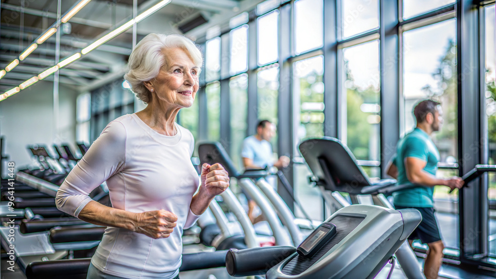 Active senior woman exercising on a treadmill at the gym with other people in the background Active senior woman exercising on a treadmill at the gym with other people in the background