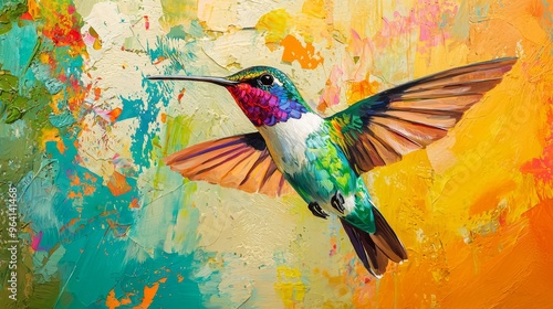 Colorful hummingbird in flight with abstract background. photo