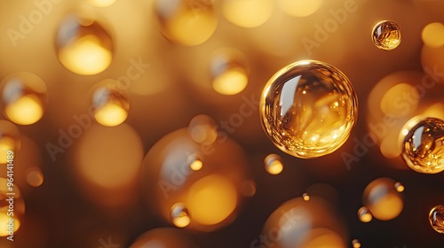 A macro shot of golden droplets suspended in a glowing liquid, each bubble perfectly round