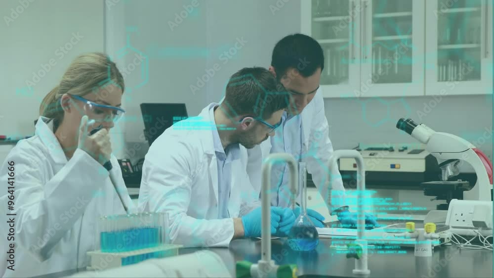 Animation of data processing and chemical formula over diverse scientists working in lab Animation of data processing and chemical formula over diverse scientists working in lab