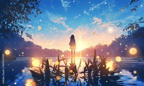 a magical scene of a girl standing on water in anime lifestyle - 4K video stock