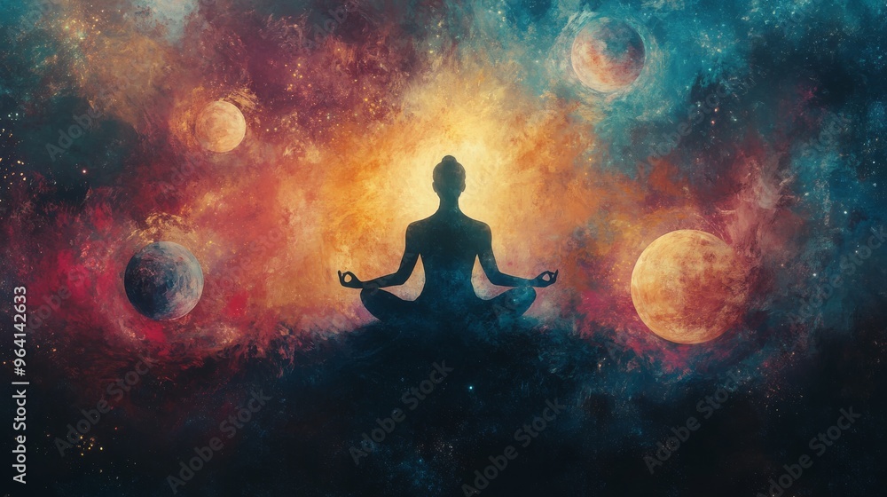 A lone figure meditates amidst a cosmic canvas, surrounded by swirling nebulae and distant planets. . A lone figure meditates amidst a cosmic canvas, surrounded by swirling nebulae and distant planets. .