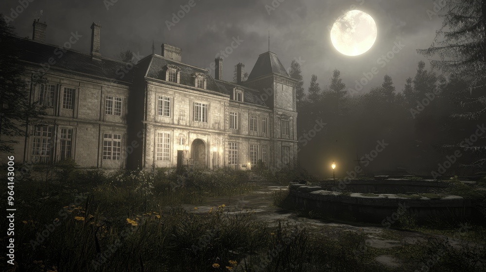 Spooky abandoned mansion in moonlight