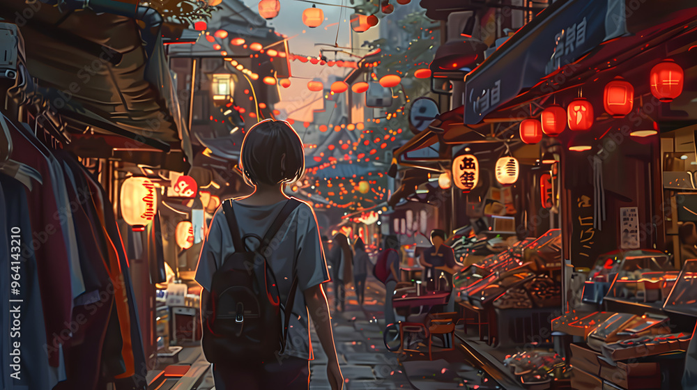A Japanese girl with short black hair walking through a bustling market at twilight A Japanese girl with short black hair walking through a bustling market at twilight