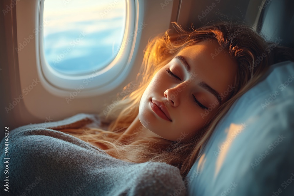 A traveler enjoys a restful moment, sleeping next to the window of an airplane. The warm light of the sunset softly illuminates her face, enhancing the tranquility. A traveler enjoys a restful moment, sleeping next to the window of an airplane. The warm light of the sunset softly illuminates her face, enhancing the tranquility.