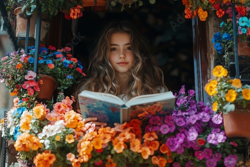 Fototapeta Naklejka Na Ścianę i Meble -  A young girl sits in a garden window, immersed in a book as vibrant flowers in shades of orange, purple, and blue frame her serene expression on a bright afternoon.