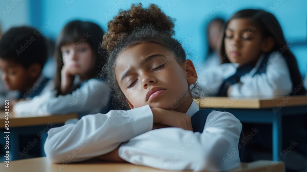 School children bored and tired in class. They are sitting are desks in a classroom in school uniforms. Some are falling asleep. Multi Ethnic Group School children bored and tired in class. They are sitting are desks in a classroom in school uniforms. Some are falling asleep. Multi Ethnic Group