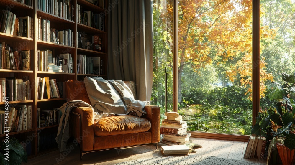 Cozy armchair next to a window overlooking a lush green forest, bathed in the warm glow of sunlight. Cozy armchair next to a window overlooking a lush green forest, bathed in the warm glow of sunlight.