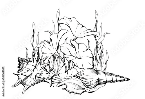 Marine life, sea ocean underwater creatures fish, shells algae seaweed, Ink and pen sketch hand drawn. Composition illustration, stylized, isolated on white. For zoo shop, aquarium, cosmetics, resort