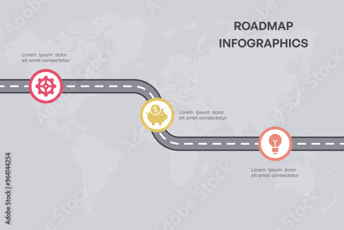 Professional Roadmap with Three Stages Represented by Icons on a Curved Path with World Map Background