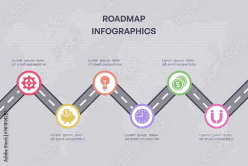 Global Milestone Roadmap with Six Stages Dotted World Map Background