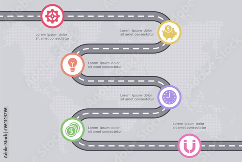 Global Journey Roadmap with Six Stages Represented by Icons on Curved Path