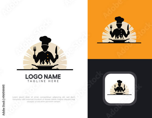 logo for a restaurant with a silhouette of a chef wearing a hat and holding a fork and knife