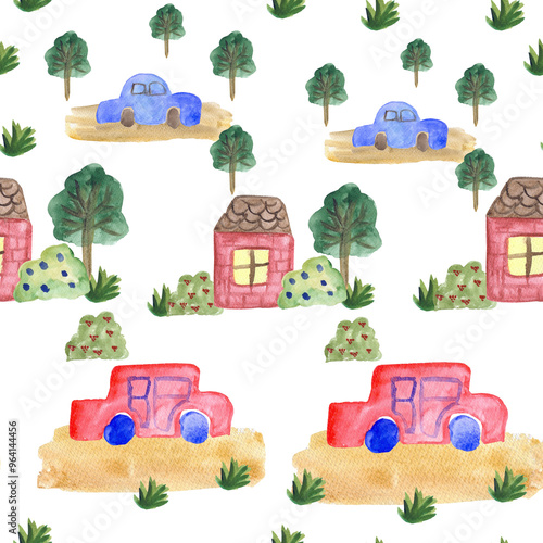 summer landscape cars and house green trees seamless pattern watercolor illustration white background base for postcards clothes dishes textiles photo