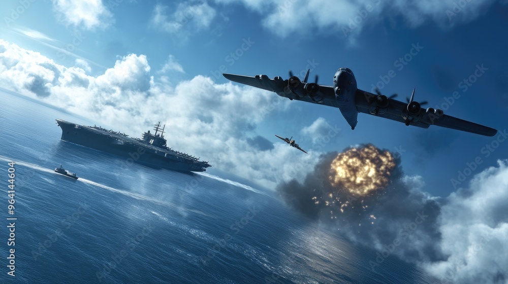Aircraft dropping bombs near aircraft carrier. Aircraft dropping bombs near aircraft carrier.