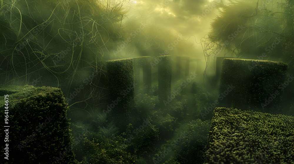 Fototapeta premium Foggy Lush Forest with Green Labyrinthine Paths