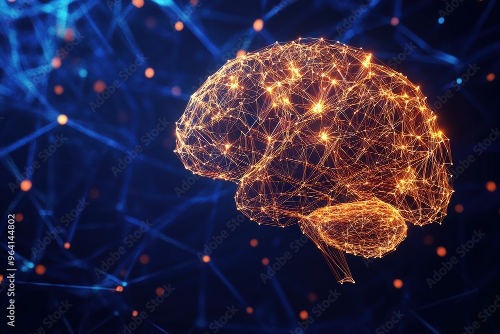 Copper High-Tech Digital brain with Transparent Wireframe on Royal Blue Background. 3D Render with Animated Polygon Mesh Copper High-Tech Digital brain with Transparent Wireframe on Royal Blue Background. 3D Render with Animated Polygon Mesh