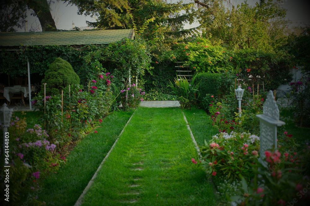 A garden with flowers and green grass A garden with flowers and green grass