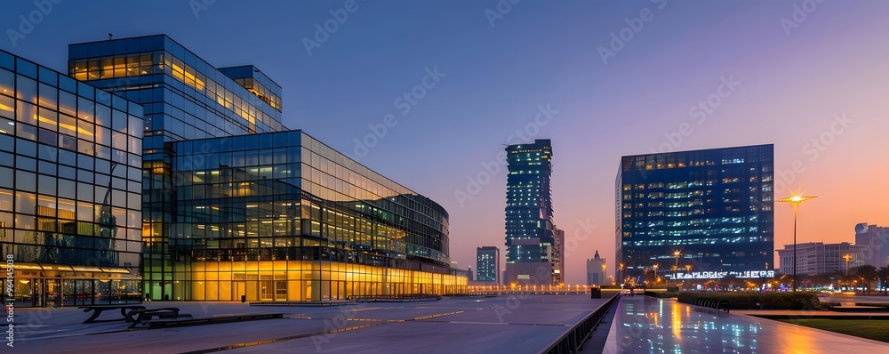 Fototapeta premium Modern Glass Buildings Illuminated at Dusk with Cityscape Reflections
