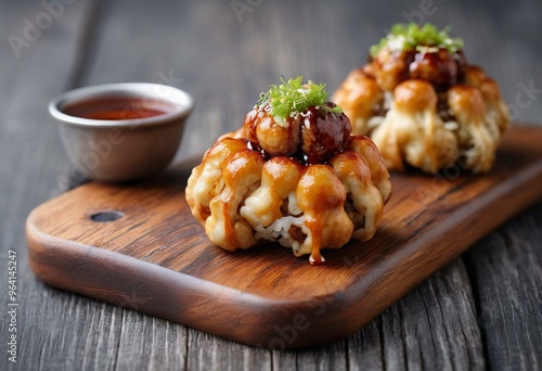 Close-Up of Takoyaki (Japanese Octopus Balls) with Soy Sauce on Wooden Board