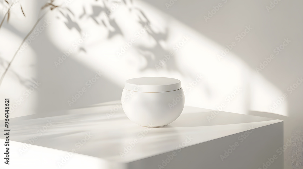 white cream jar sitting on a polished white surface with soft, natural light streaming in, creating a clean and elegant look white cream jar sitting on a polished white surface with soft, natural light streaming in, creating a clean and elegant look
