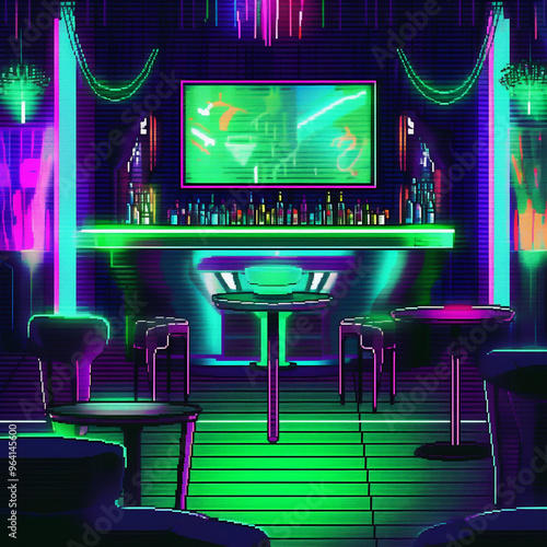 nightclub lounge with alien portals, in city, pixel art style