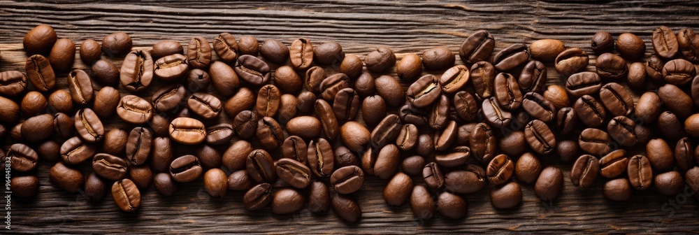 Fototapeta premium Roasted Coffee beans on wooden background, texture and copy spase, panorama top view.