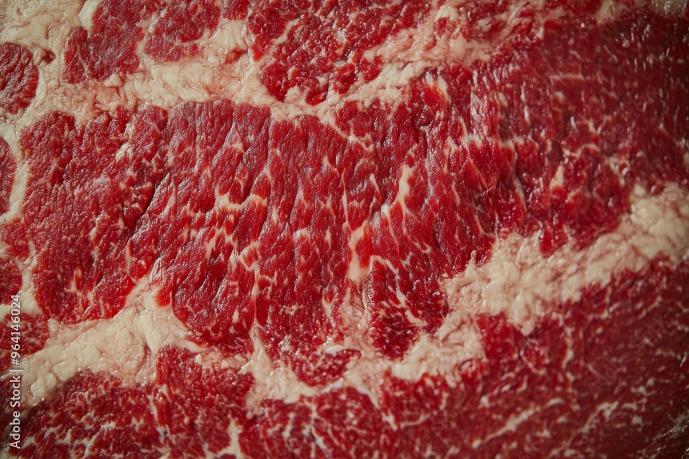 Detailed and closeup fresh raw red marbled beef texture showcases rich colors and unique textures