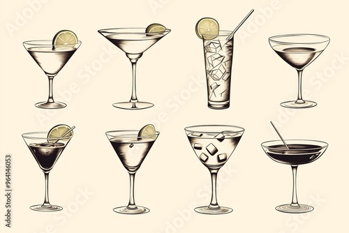 Cocktails alcoholic daiquiri, old fashioned, manhattan, martini, sidecar glass hand drawn engraving vector illustration vintage style 