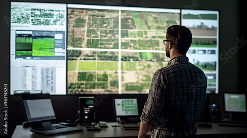 agricultural control center with a large interactive map showing real-time crop data from multiple IoT devices