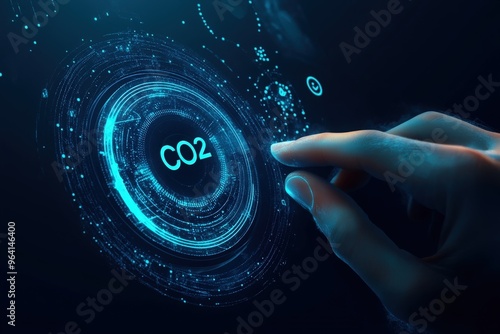 Carbon dioxide emissions control concept. Reduce CO2 level. Wireframe hand turning a carbon dioxide knob button to the minimum position. CO2 reduction or removal concept