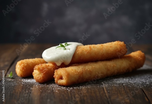 Breaded Cheese Sticks with Creamy Sauce on Rustic Wood photo