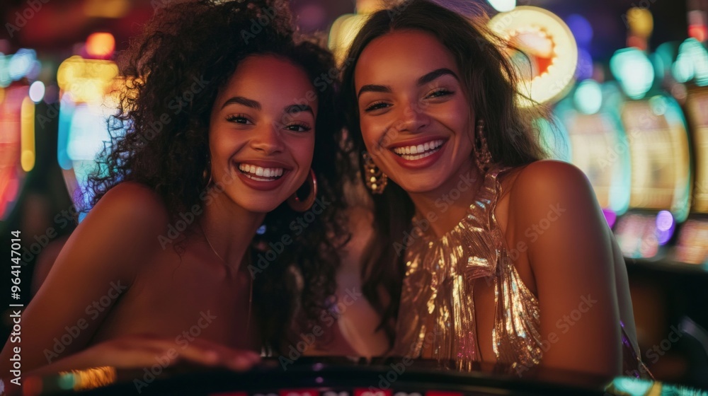 Two joyful women enjoying their time at a vibrant casino. They exude happiness and excitement. The scene is lively with colorful lights and games around them. Perfect for entertainment themes. AI Two joyful women enjoying their time at a vibrant casino. They exude happiness and excitement. The scene is lively with colorful lights and games around them. Perfect for entertainment themes. AI