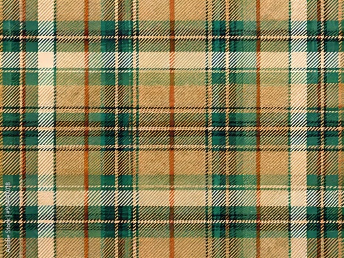 Woven tartan pattern featuring subtle green, beige, and blue hues on a warm background, with thin and thick stripes merging in a traditional Scottish design.