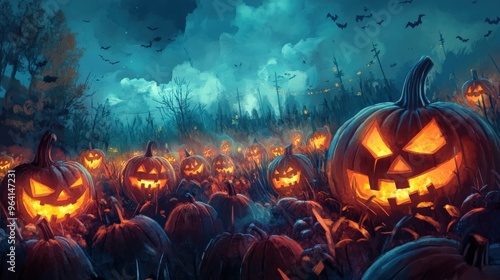 Group of carved pumpkins in a cemetery field and dark forest. Halloween pumpkins are lit by candlelight during the full moon at night.