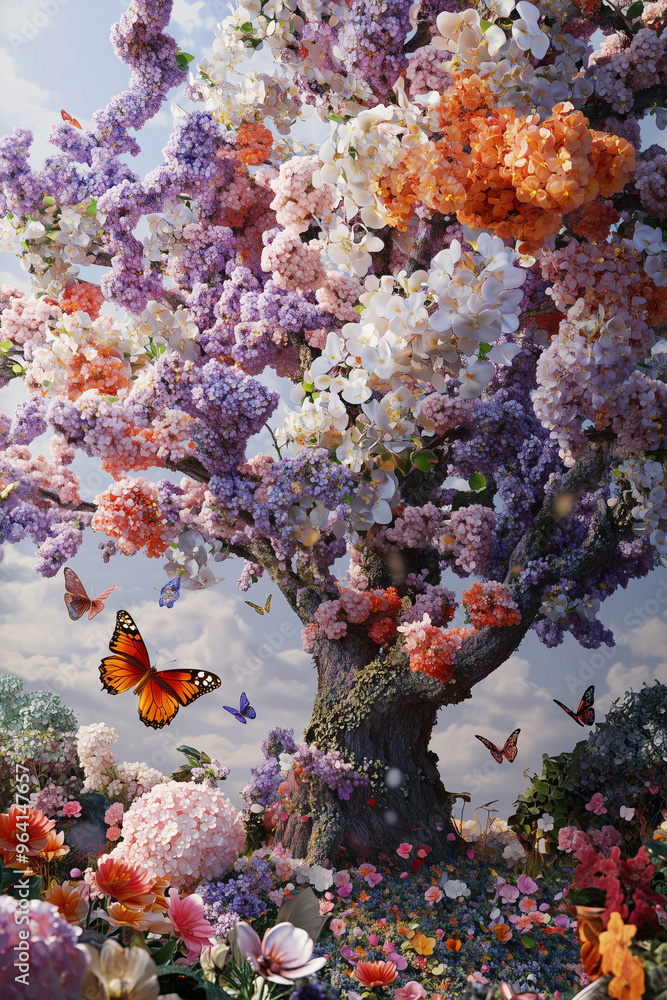 Obraz premium A tree with an array of flowers, including white and pink roses, lilies, and cherry blossoms, is depicted in full bloom in the garden